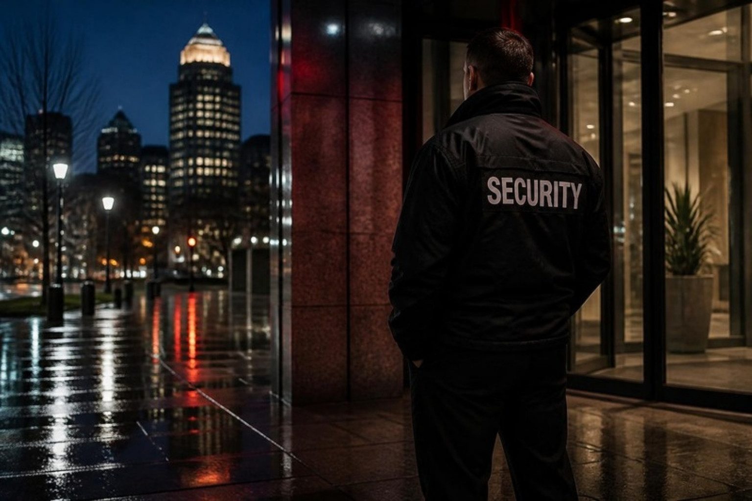 Safety First security officer posted at an office entrance at night